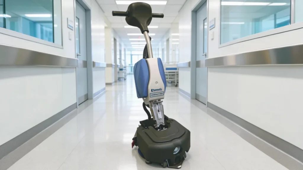 Lavasciuga pavimenti verticale Bluematic Compact Pro nel corridoio bianco e sanificato di un ospedale.