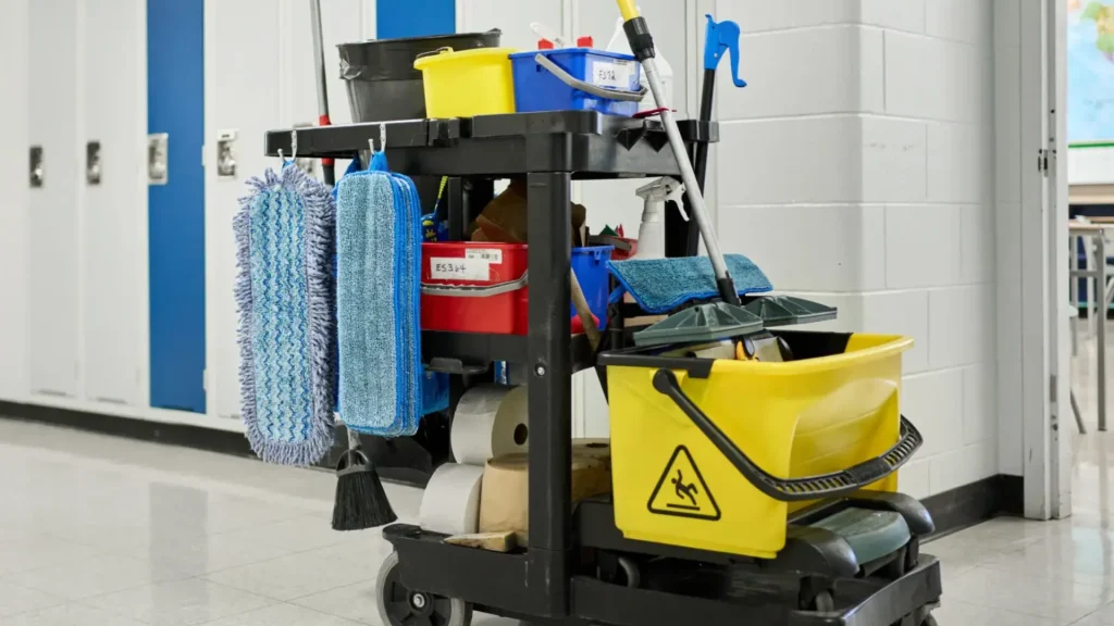 Carrello per le pulizie attrezzato con secchio giallo, strizzatore e moci in un corridoio scolastico con armadietti.