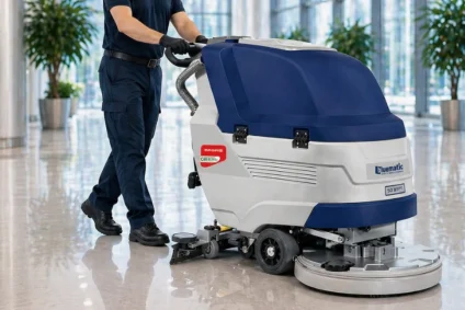 Operatore in divisa utilizza una lavasciuga pavimenti professionale Bluematic Magris nel corridoio luminoso di un ufficio.