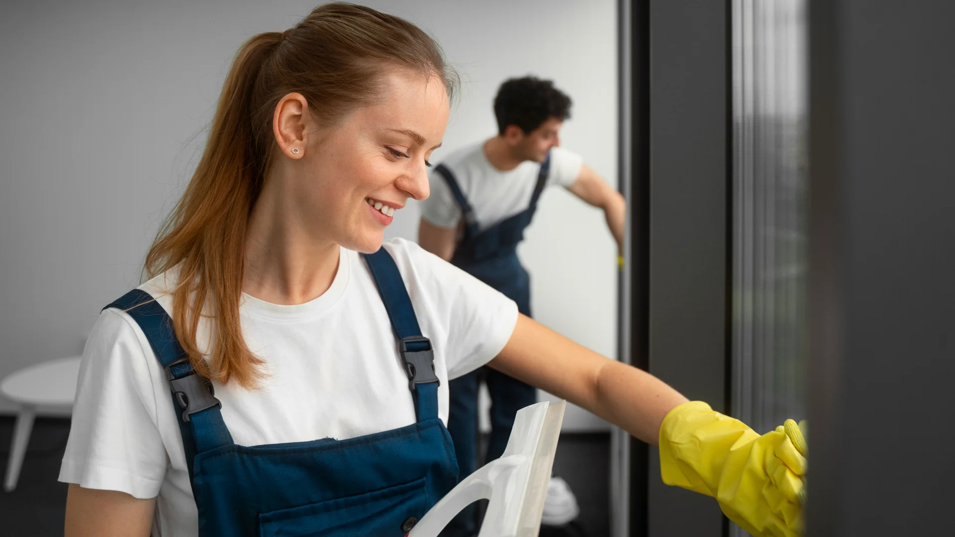 Addetta di un'impresa di pulizie sorridente mentre esegue il lavaggio professionale dei vetri in ufficio.